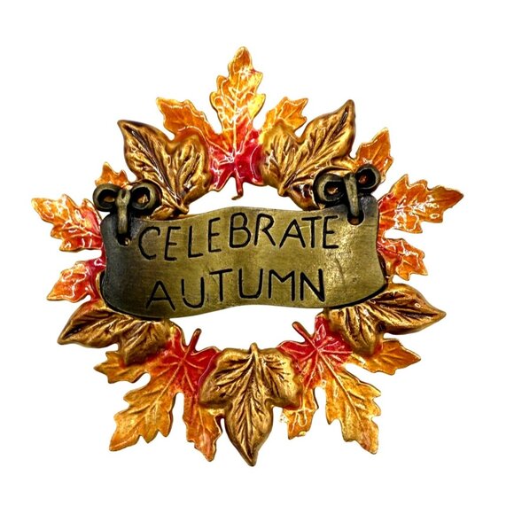 VTG Celebrate Autumn Leaf Brooch Kenneth Cole Gold Tone Enamel Fall Harvest - Picture 4 of 9